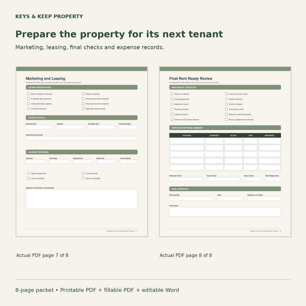 Rental Turnover Checklist & Tracker – Editable Word, Fillable PDFs (8-Page Packet)