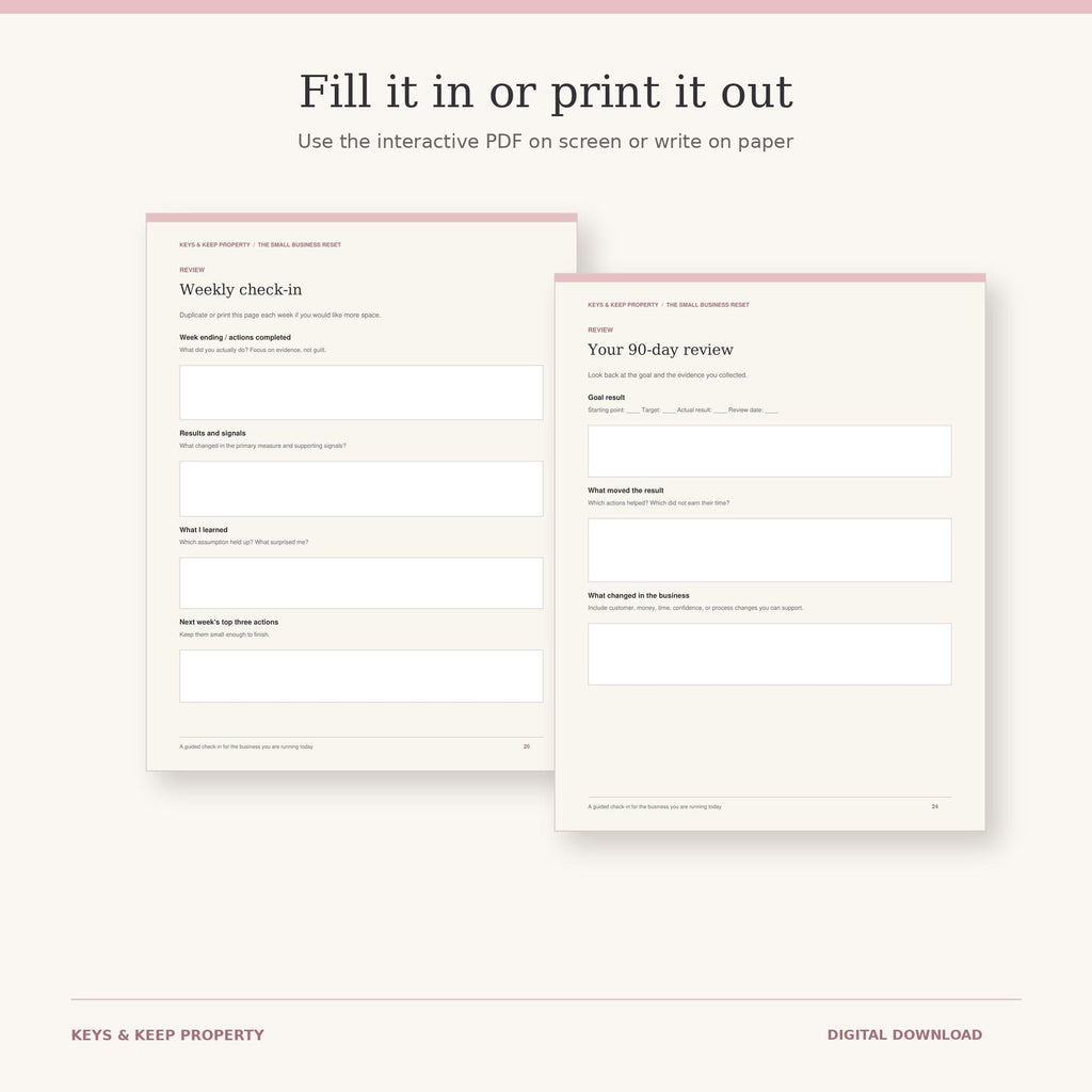 Weekly check-in and Your 90-day review worksheet previews beneath Fill it in or print it out.