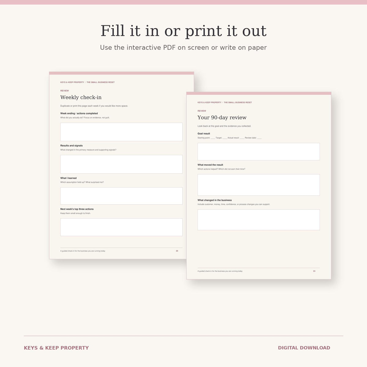 Weekly check-in and Your 90-day review worksheet previews beneath Fill it in or print it out.