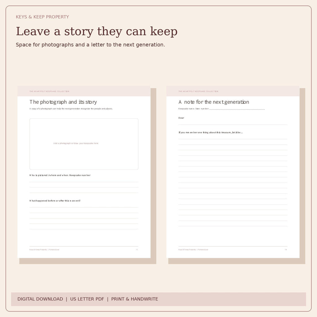 Family heirloom journal pages titled The photograph and its story and A note for the next generation.