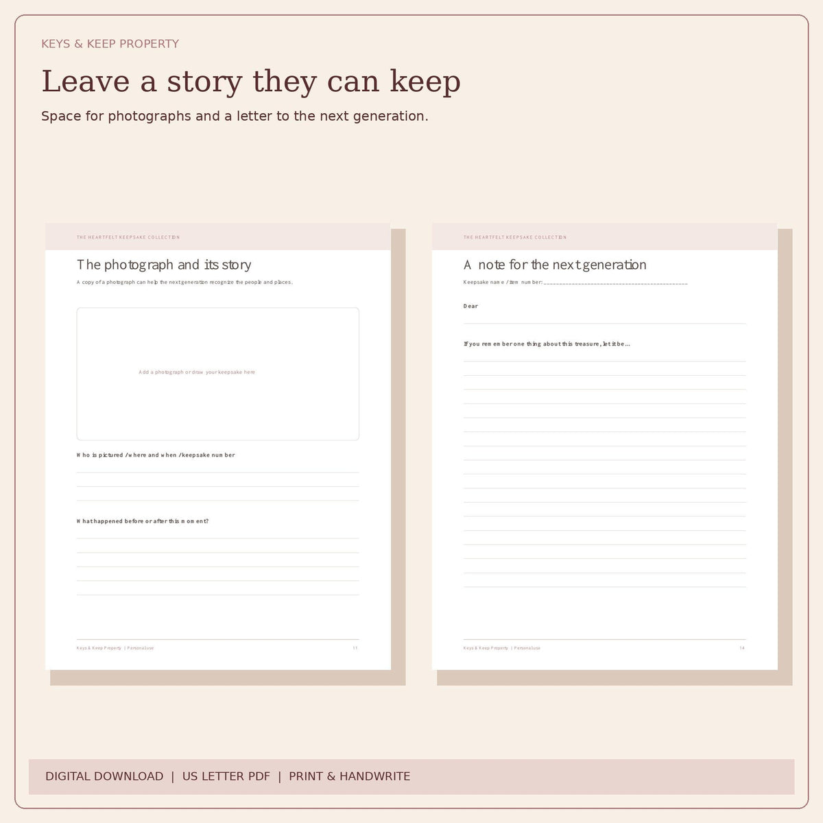 Family heirloom journal pages titled The photograph and its story and A note for the next generation.