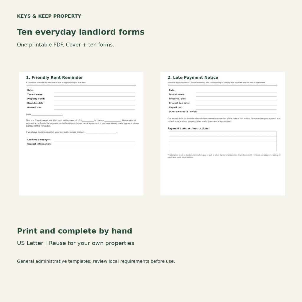 Landlord Forms Bundle | Tenant Notices, Maintenance Requests and Move-In/Out Checklists | 10 Printable PDF Forms