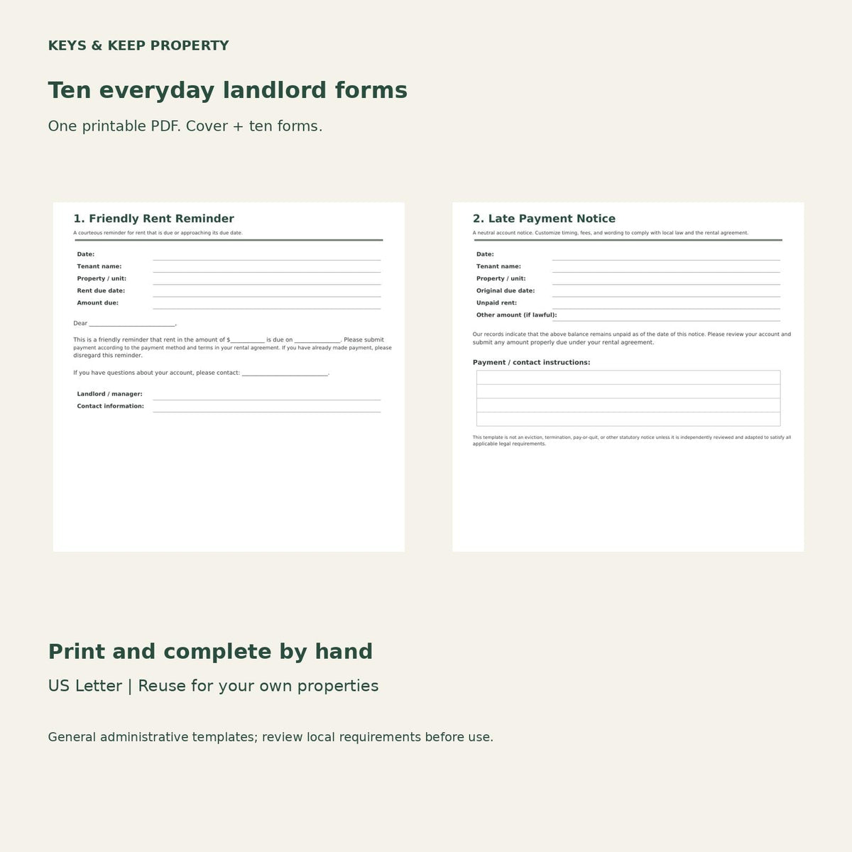 Landlord Forms Bundle | Tenant Notices, Maintenance Requests and Move-In/Out Checklists | 10 Printable PDF Forms