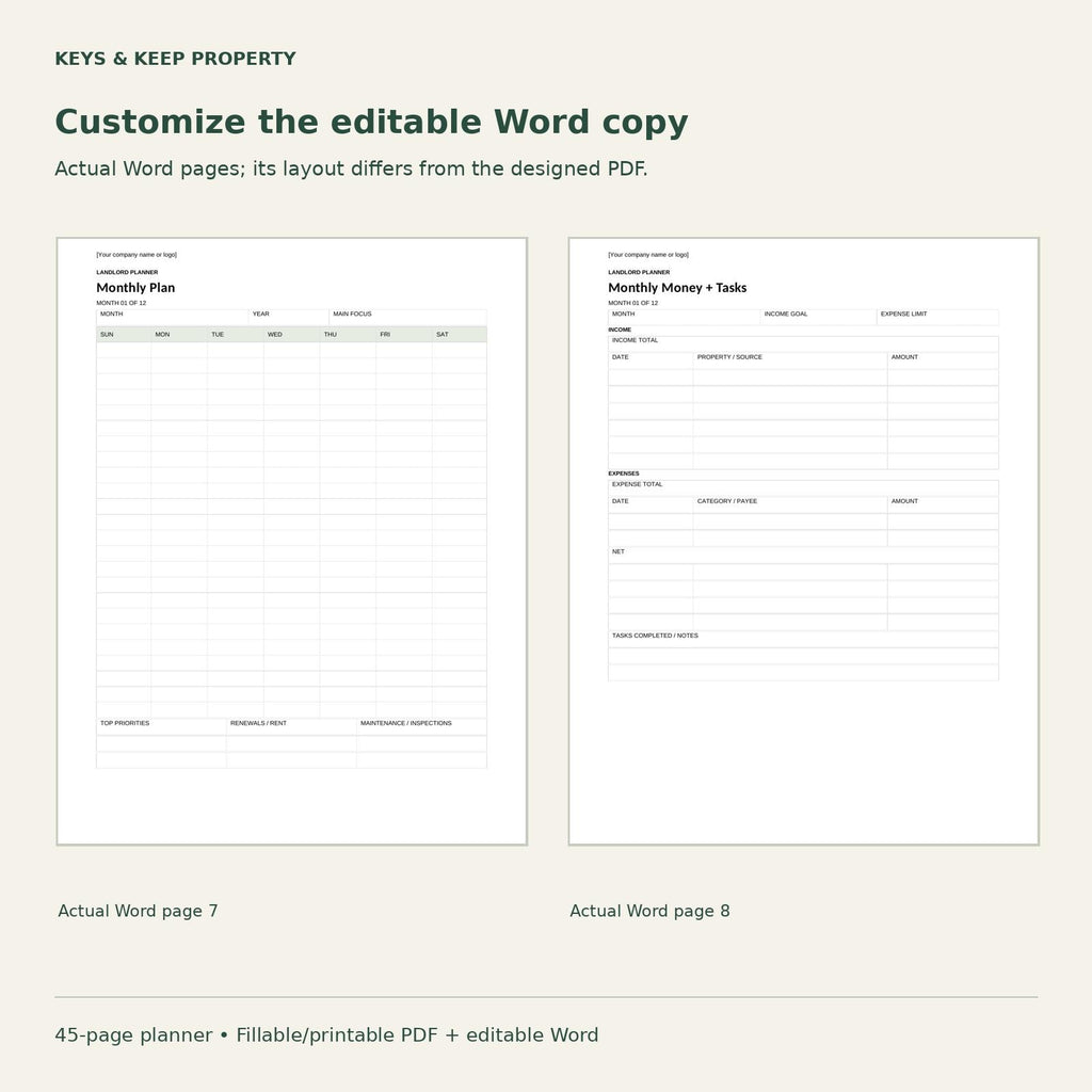 Landlord Planner | Rent, Tenant, Maintenance and Expense Records | 45-Page Fillable + Printable PDF and Editable Word