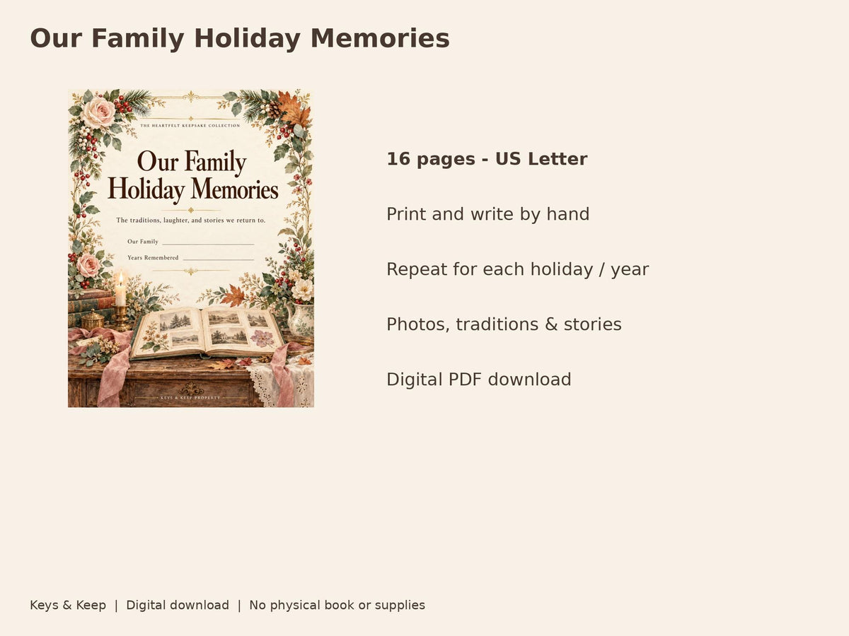 Family Holiday Memory Book Printable | Annual Traditions, Photos and Stories | 16-Page Victorian Keepsake PDF
