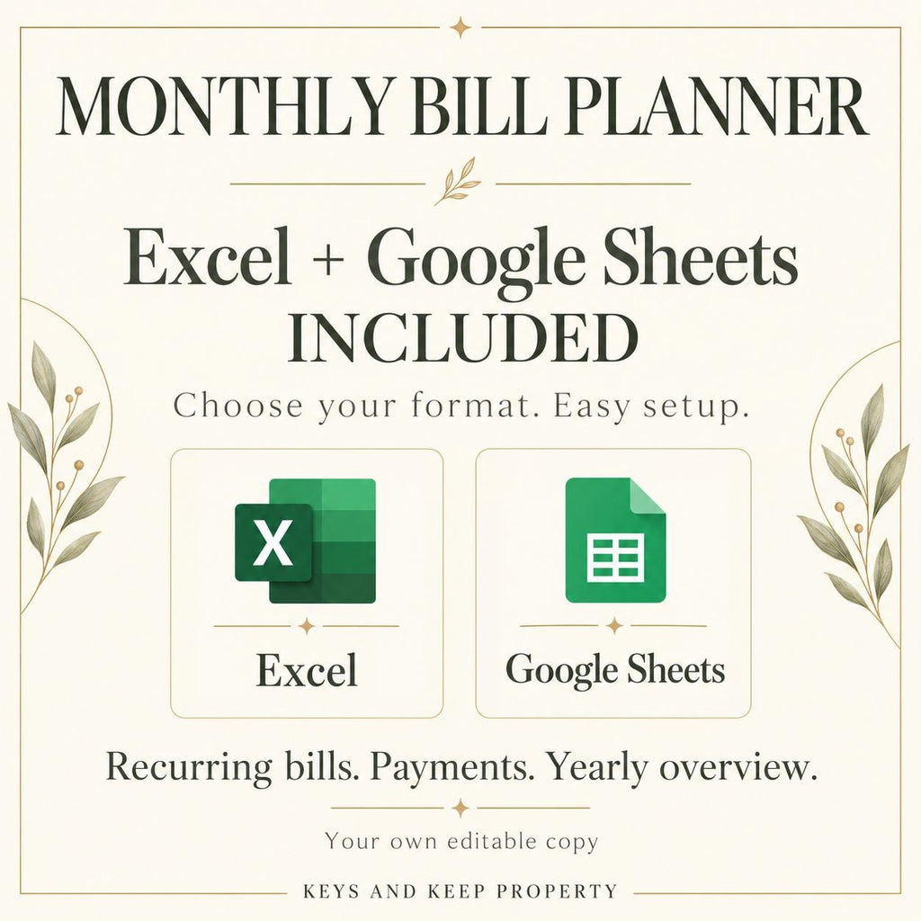 Monthly Bill Planner format graphic with Excel and Google Sheets logos inside a delicate green-and-gold botanical border.