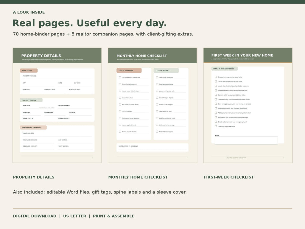Realtor home-binder previews for Property Details, Monthly Home Checklist, and First Week in Your New Home.