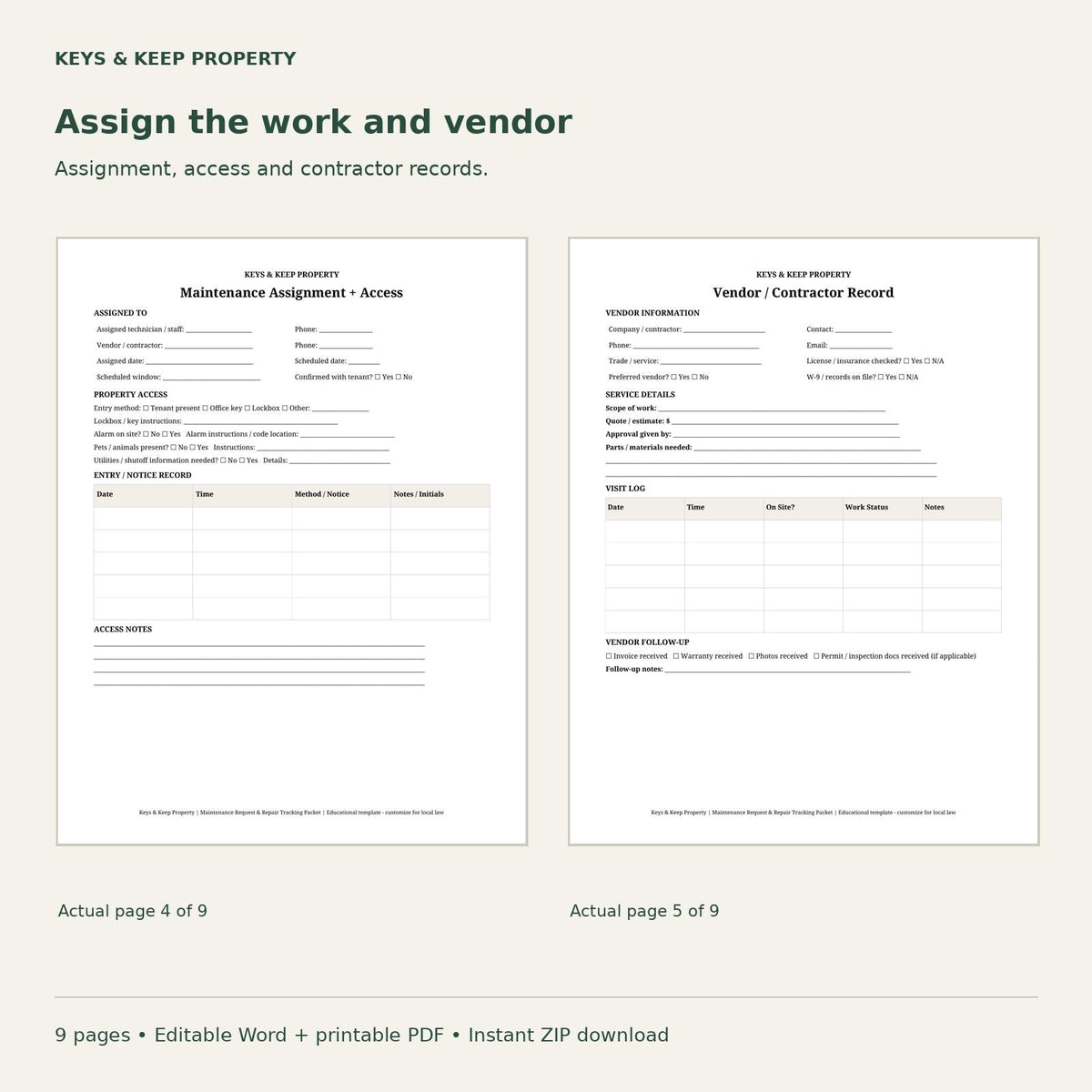 Landlord Maintenance Packet | 9-Page Repair & Vendor Tracker, Editable Word + Printable PDF