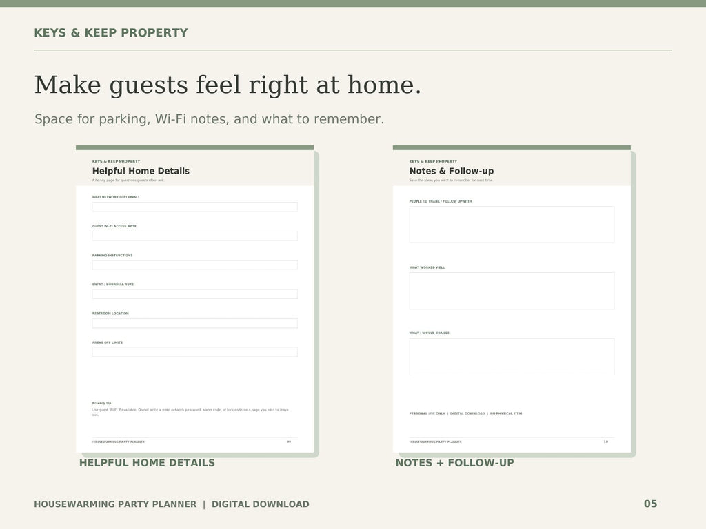 Housewarming Party Planner | Guest List, Budget, Menu and Prep Checklist | 10-Page Printable + Fillable PDF