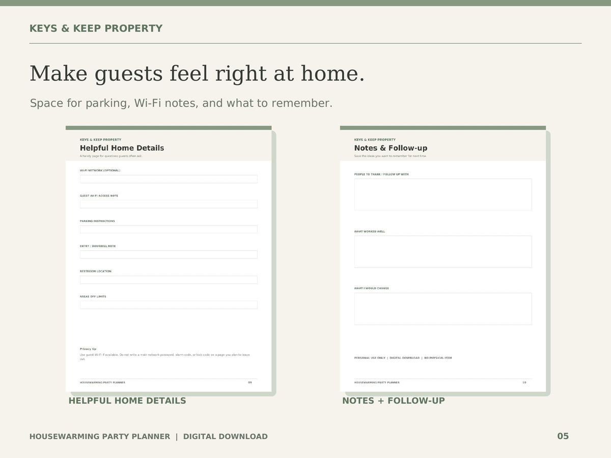 Housewarming Party Planner | Guest List, Budget, Menu and Prep Checklist | 10-Page Printable + Fillable PDF