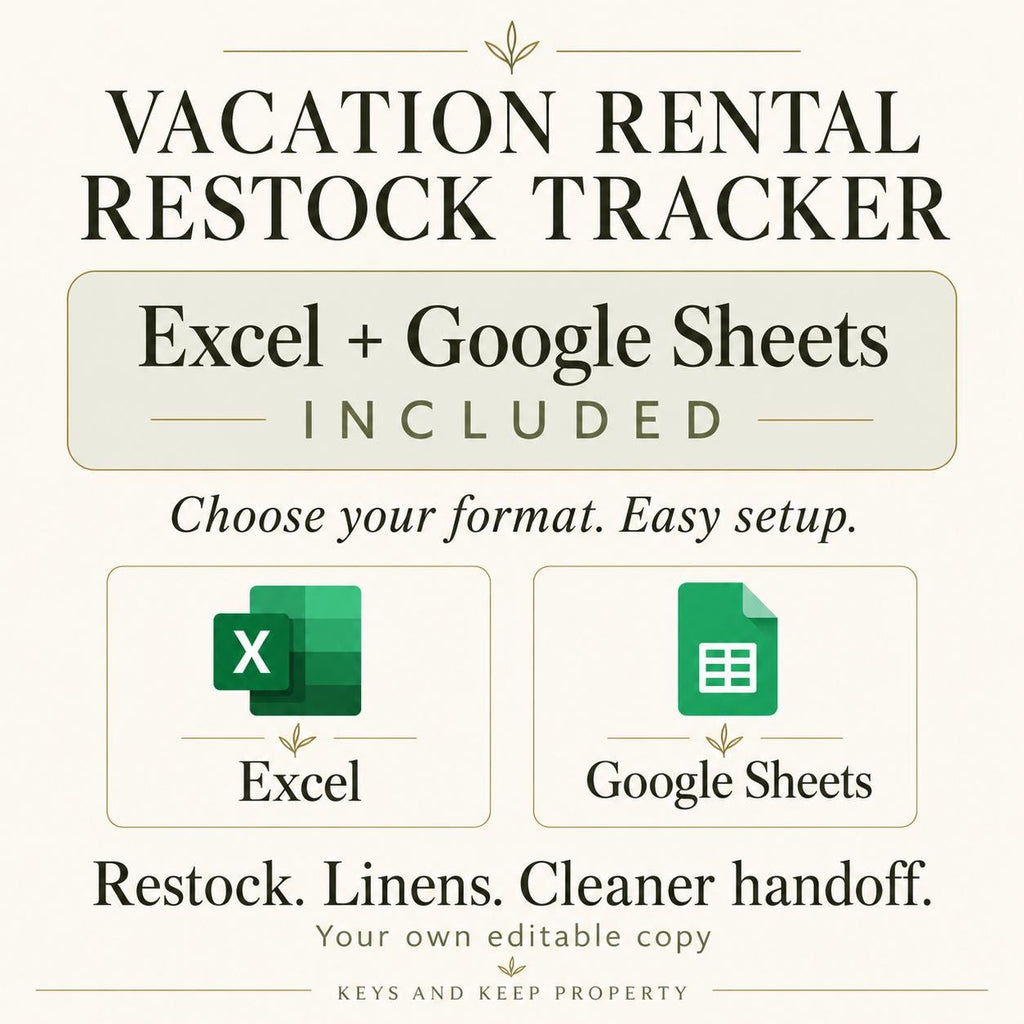 Vacation Rental Restock & Cleaner Handoff Tracker | Excel and Google Sheets + Printable Checklists