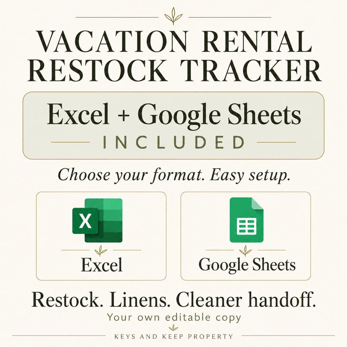 Vacation Rental Restock & Cleaner Handoff Tracker | Excel and Google Sheets + Printable Checklists