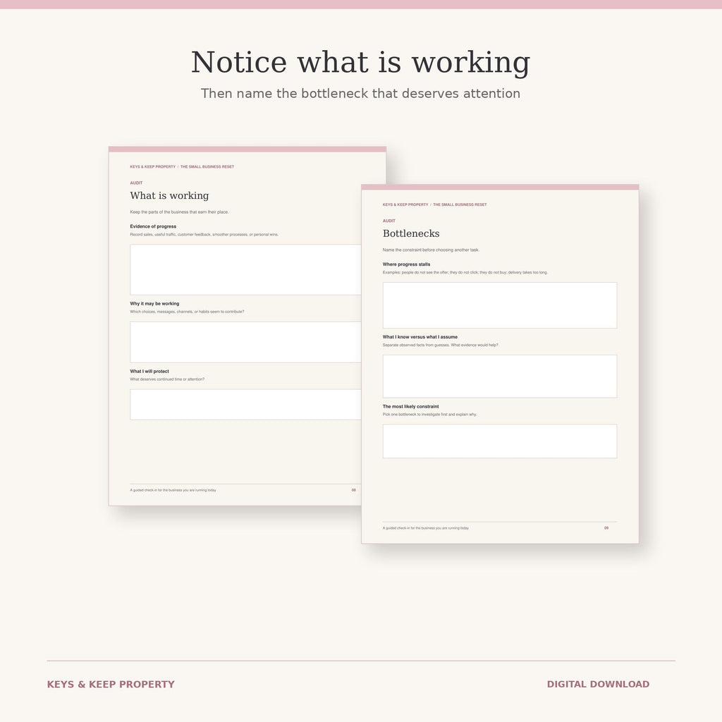 What is working and Bottlenecks business worksheets with blank reflection boxes on a cream and pink background.