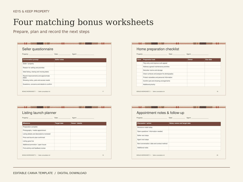 Warm plaid seller questionnaire, home preparation checklist, listing launch planner, and appointment notes worksheets.