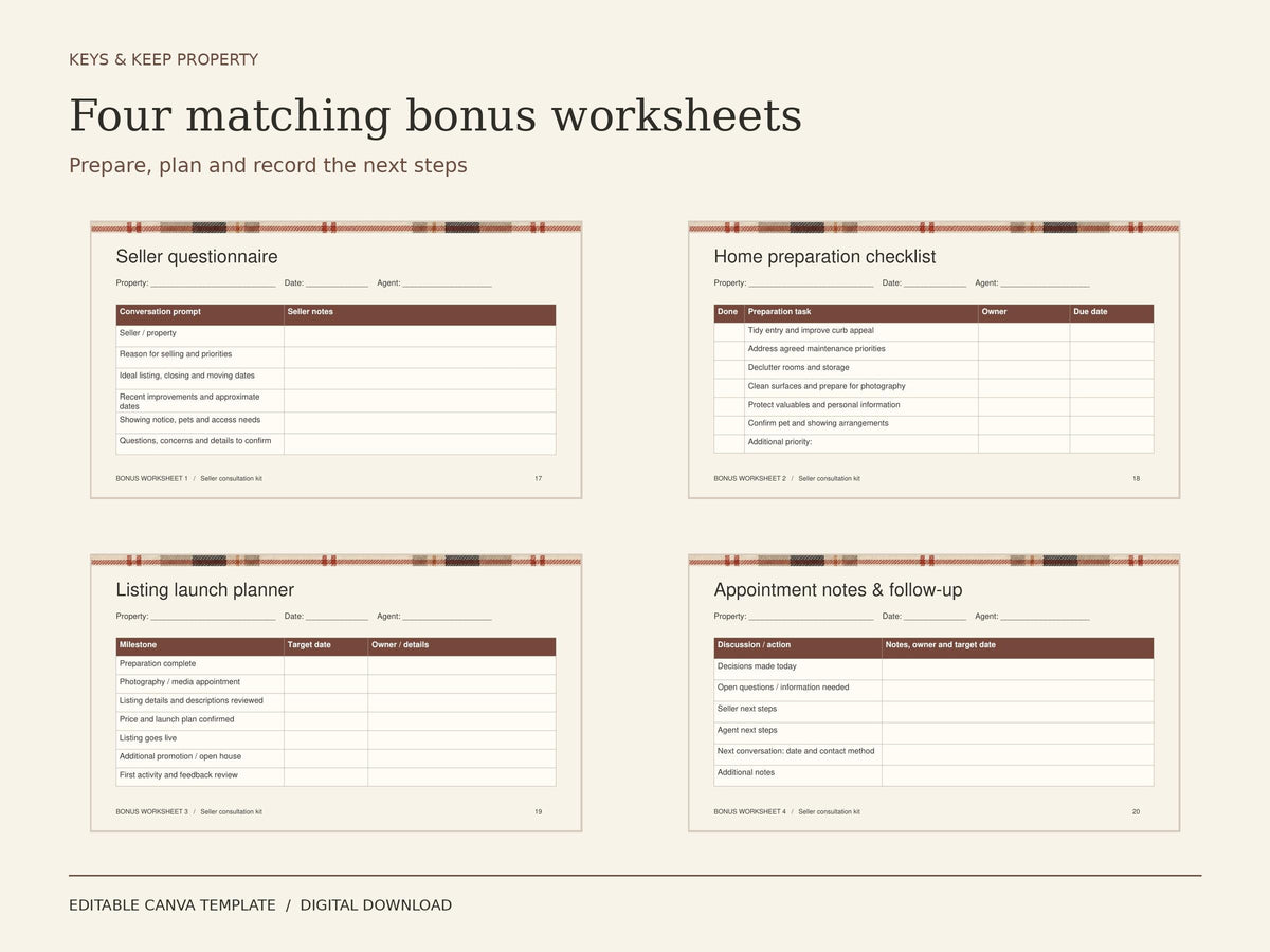 Real Estate Listing Presentation Canva Template | Warm Plaid Seller Consultation + 4 Worksheets