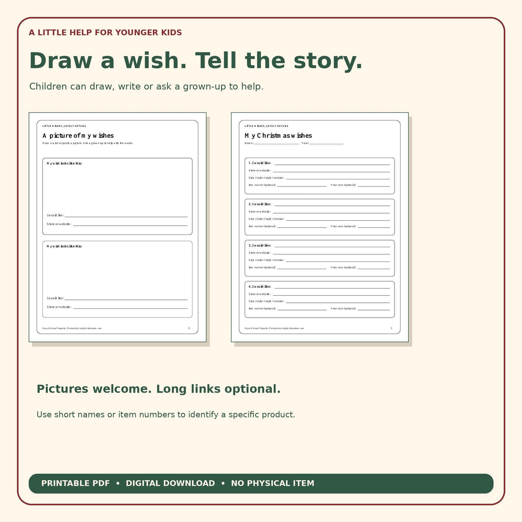 Kids Christmas Wish List Printable | What I Want and Where to Find It, Top 3 Favorites and Drawing Pages | 6-Page PDF