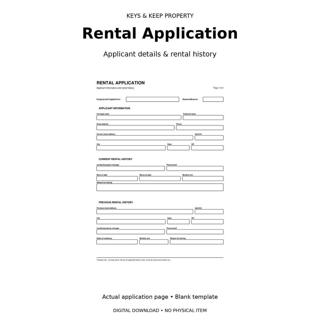 Rental application first-page preview with applicant information and current and previous rental-history fields.
