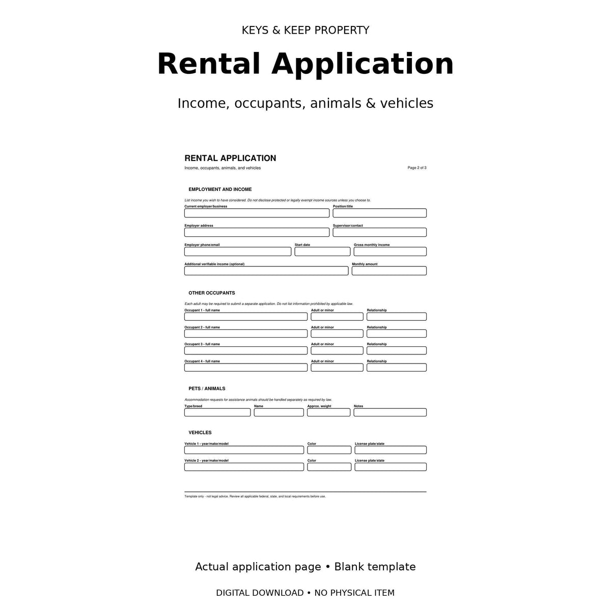 Rental Application Form | Black and White Printable & Fillable PDF | Simple 3-Page Landlord Template