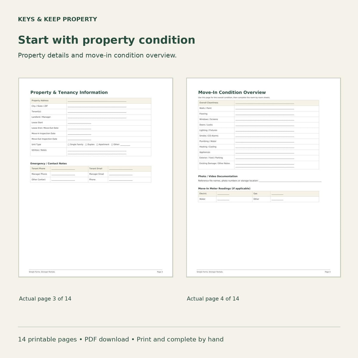 Landlord Move-In Move-Out Packet | Property Condition, Keys and Handoff Records | 14-Page Printable PDF