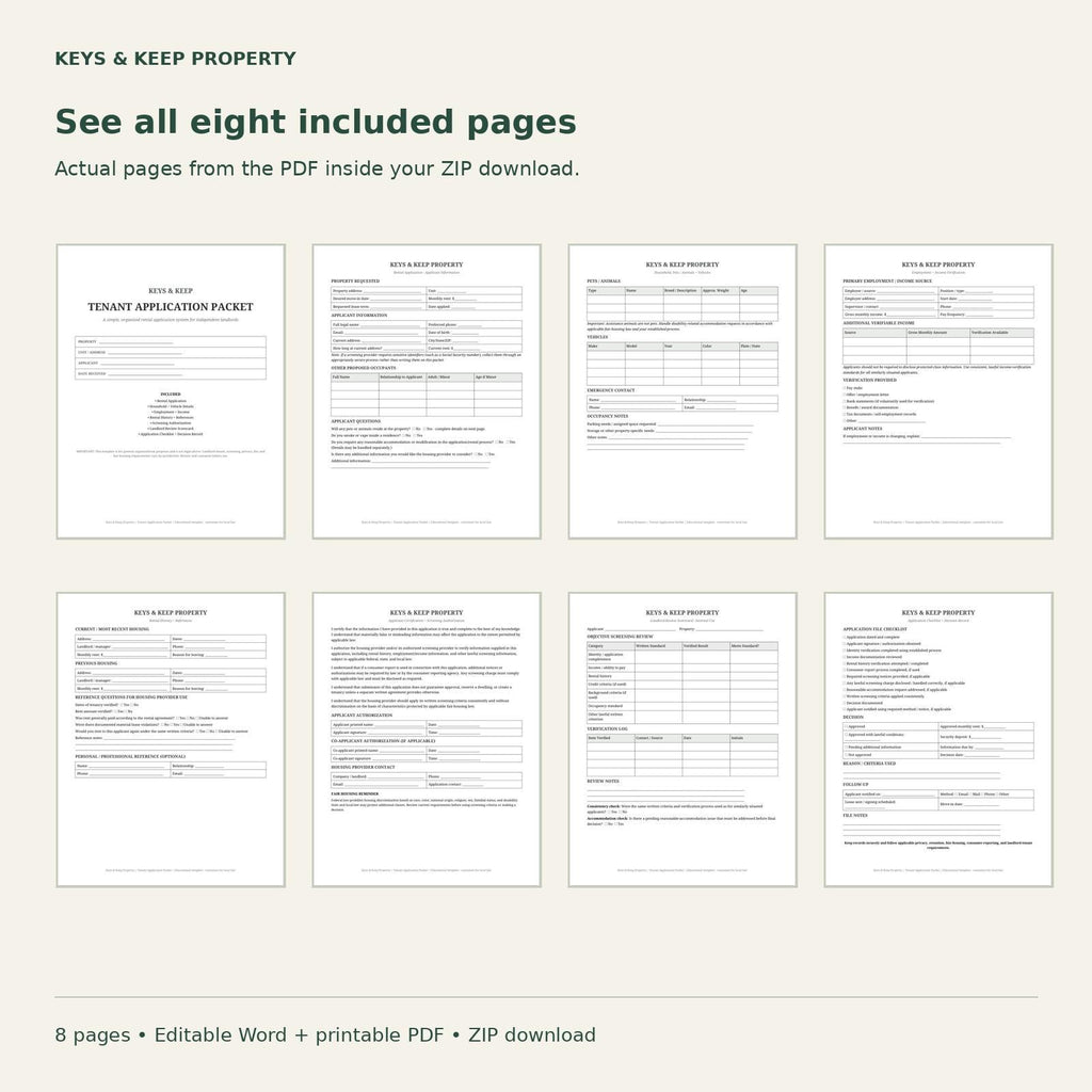 Eight tenant application pages arranged in two rows, including application, verification, authorization, and review forms.