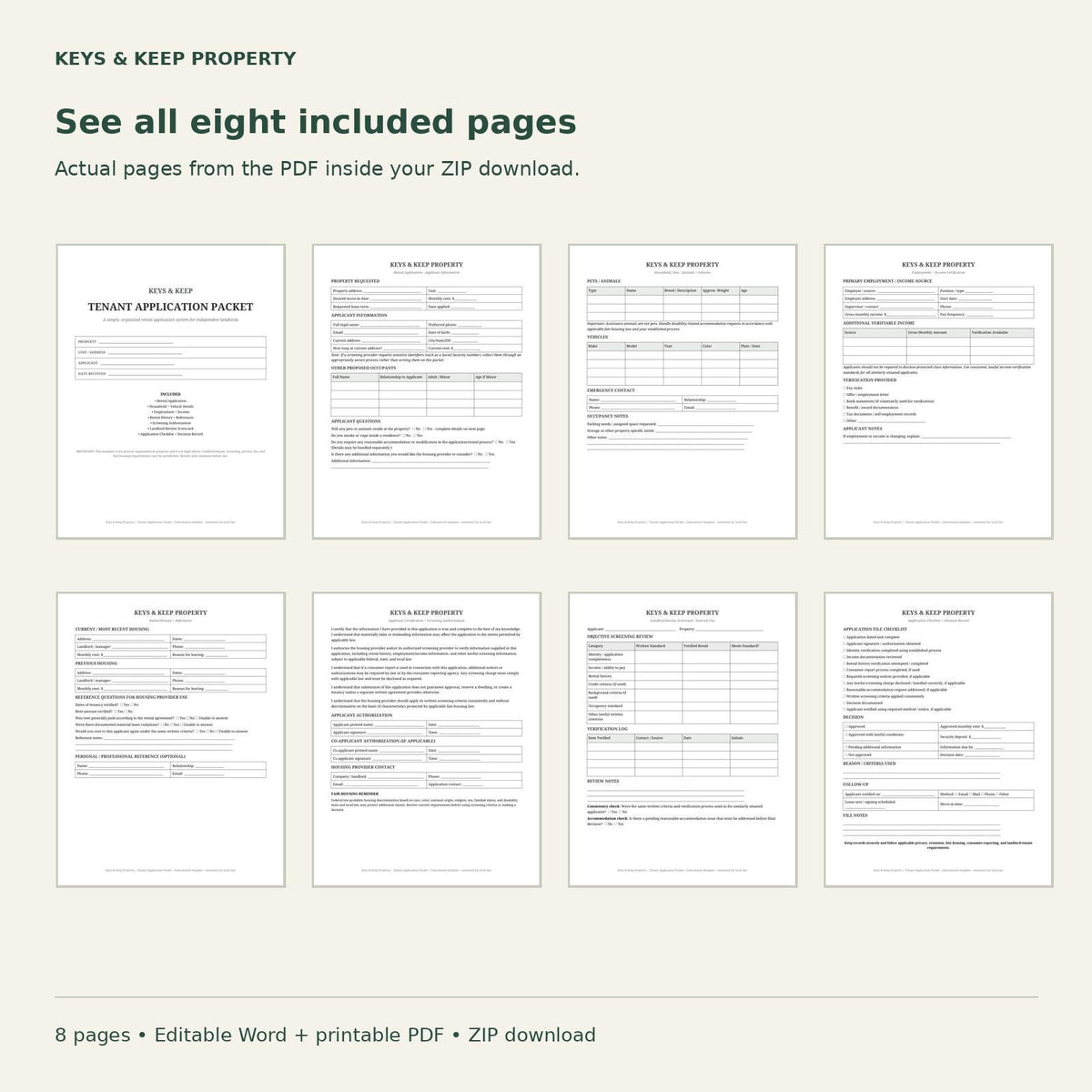 Tenant Application Packet | 8-Page Rental Forms, Editable Word & Printable PDF