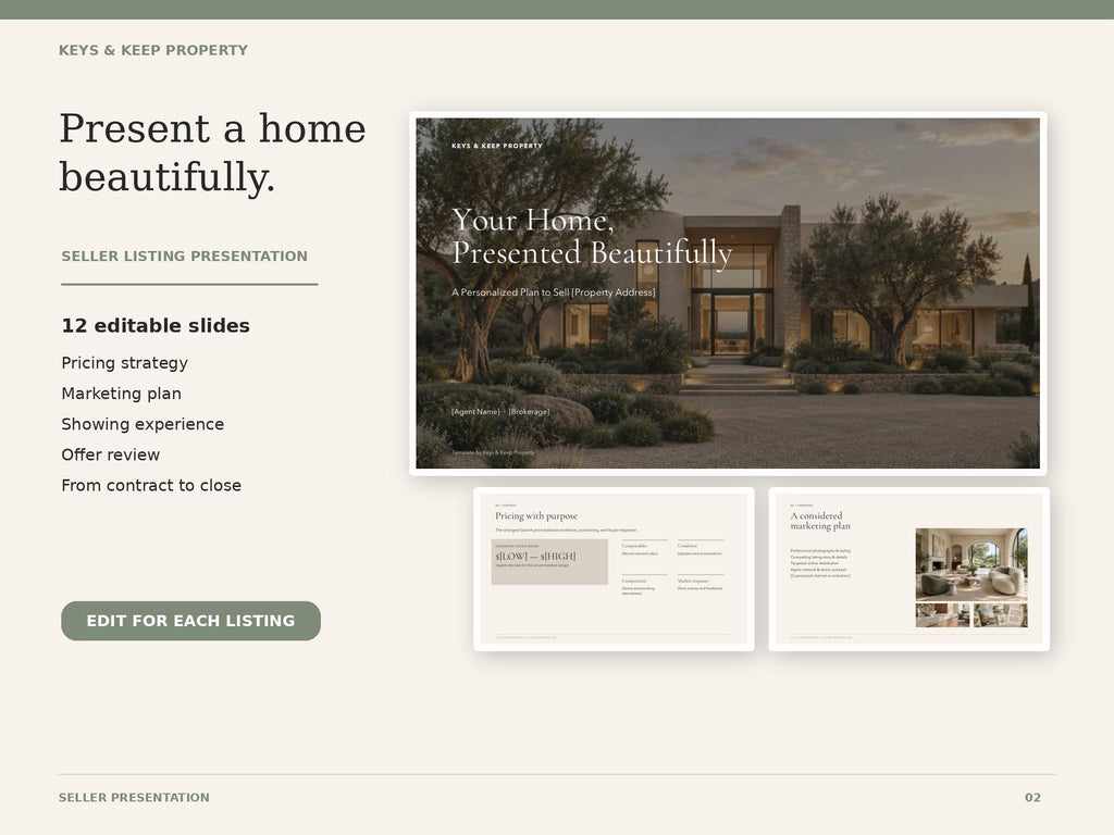 Seller presentation graphic showing a house-photo cover, pricing slide, and marketing slide beside topic highlights.