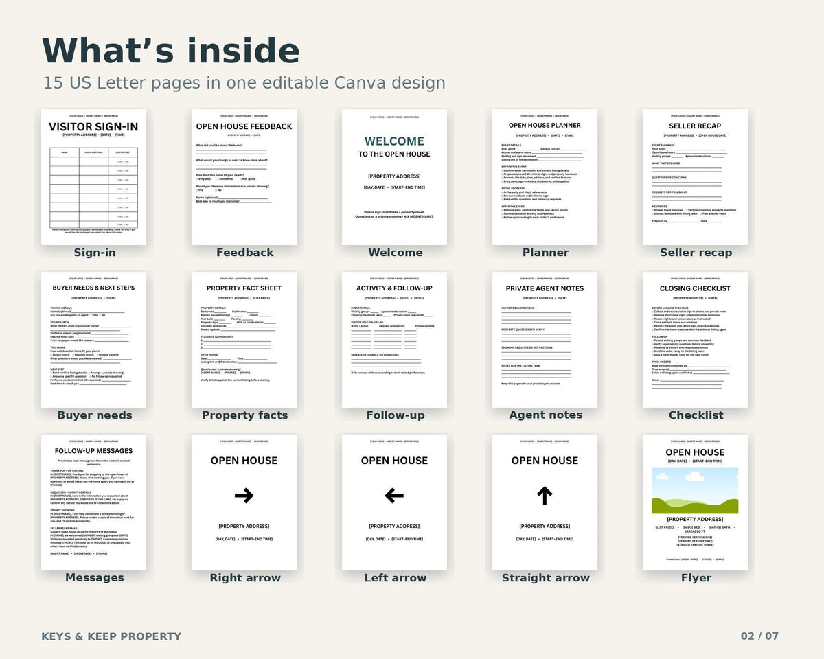 Open House Canva Template Bundle | Sign-In Sheet, Feedback Form, Signs and Property Flyer | 15 Editable Pages