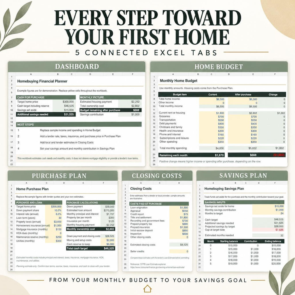 First-Time Home Buyer Budget Planner | Excel & Google Sheets | Closing Costs and Down Payment Savings Tracker