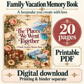 Family Vacation Memory Book graphic with scenic travel-collage cover, roses, suitcase, compass, and a 20-page badge.