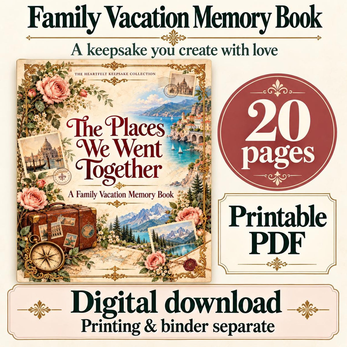 Family Vacation Memory Book Printable | Travel Journal, Trip Stories and Photo Pages | 20-Page PDF