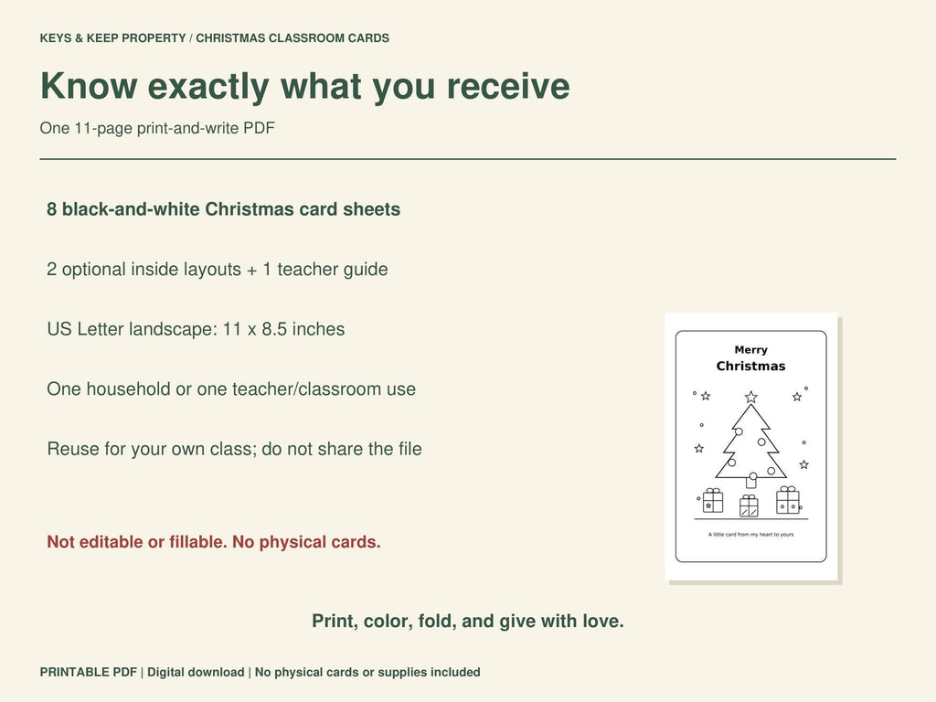 Christmas classroom card PDF contents and printing details beside a Merry Christmas tree card preview.