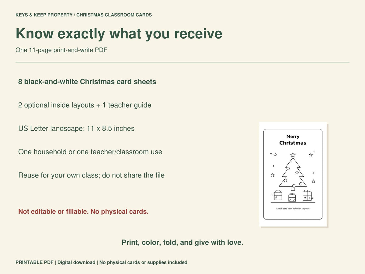 Christmas classroom card PDF contents and printing details beside a Merry Christmas tree card preview.