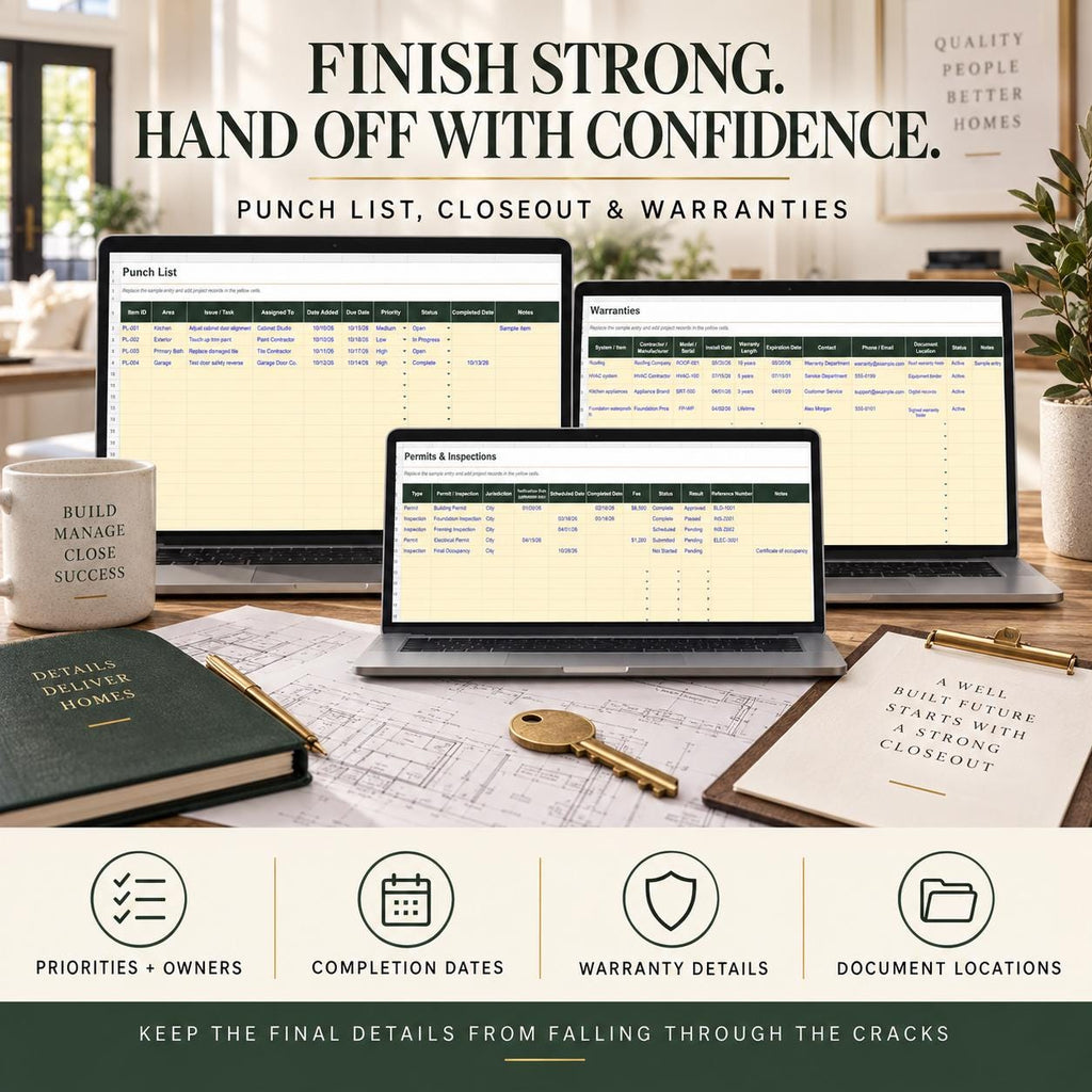 Home Builder Budget & Project Tracker | 12-Tab Excel and Google Sheets Construction Spreadsheet