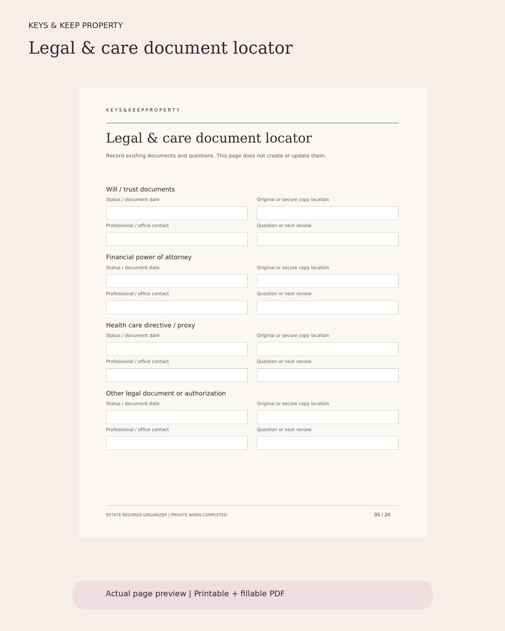 Estate Planning Records Organizer | 20-Page Fillable PDF Binder, Important Documents, Accounts & Family Contacts