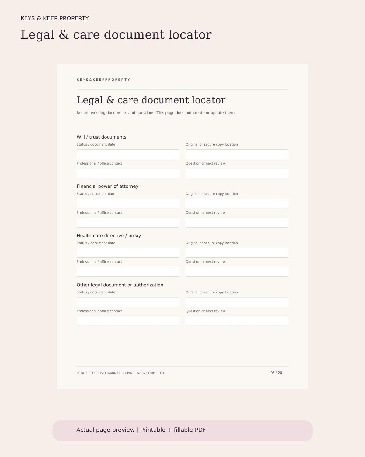 Estate Planning Records Organizer | 20-Page Fillable PDF Binder, Important Documents, Accounts & Family Contacts