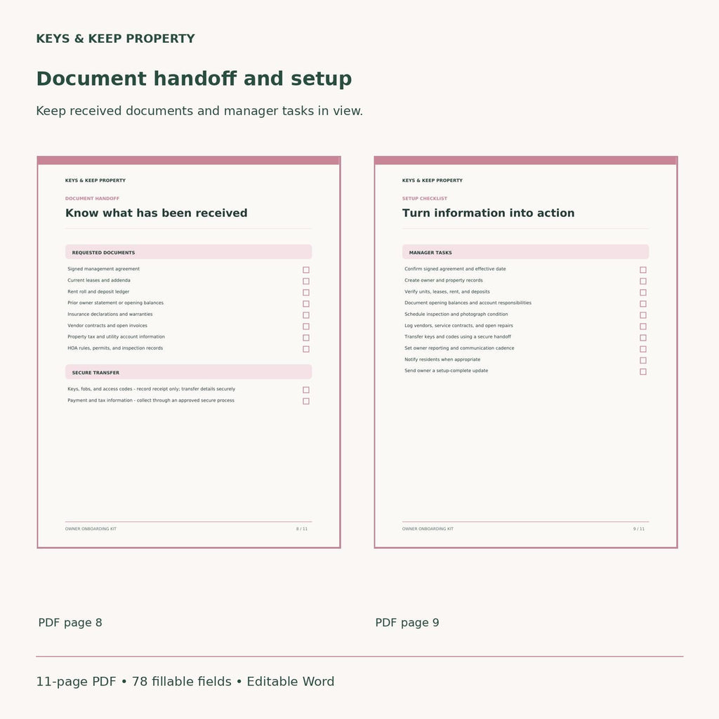 Property Management Onboarding Kit | Owner Intake Forms and Handoff Checklist | Fillable PDF + Editable Word