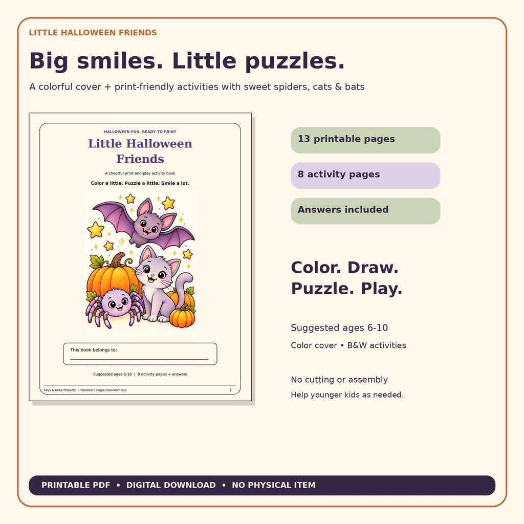 Little Halloween Friends cover showing a purple bat, cat, spider, and pumpkins beside activity highlights.