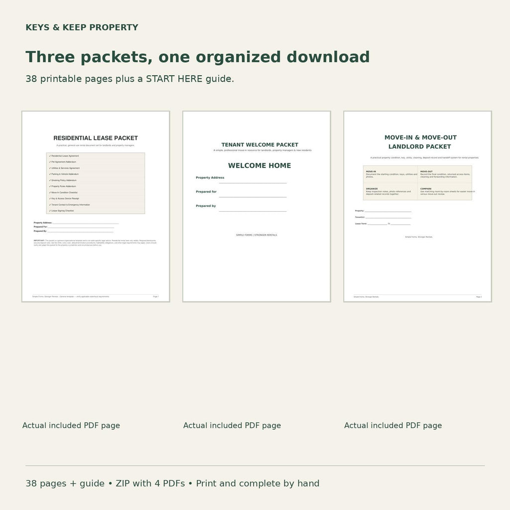 Three PDF cover previews for Residential Lease, Tenant Welcome, and Move-In and Move-Out Landlord packets.