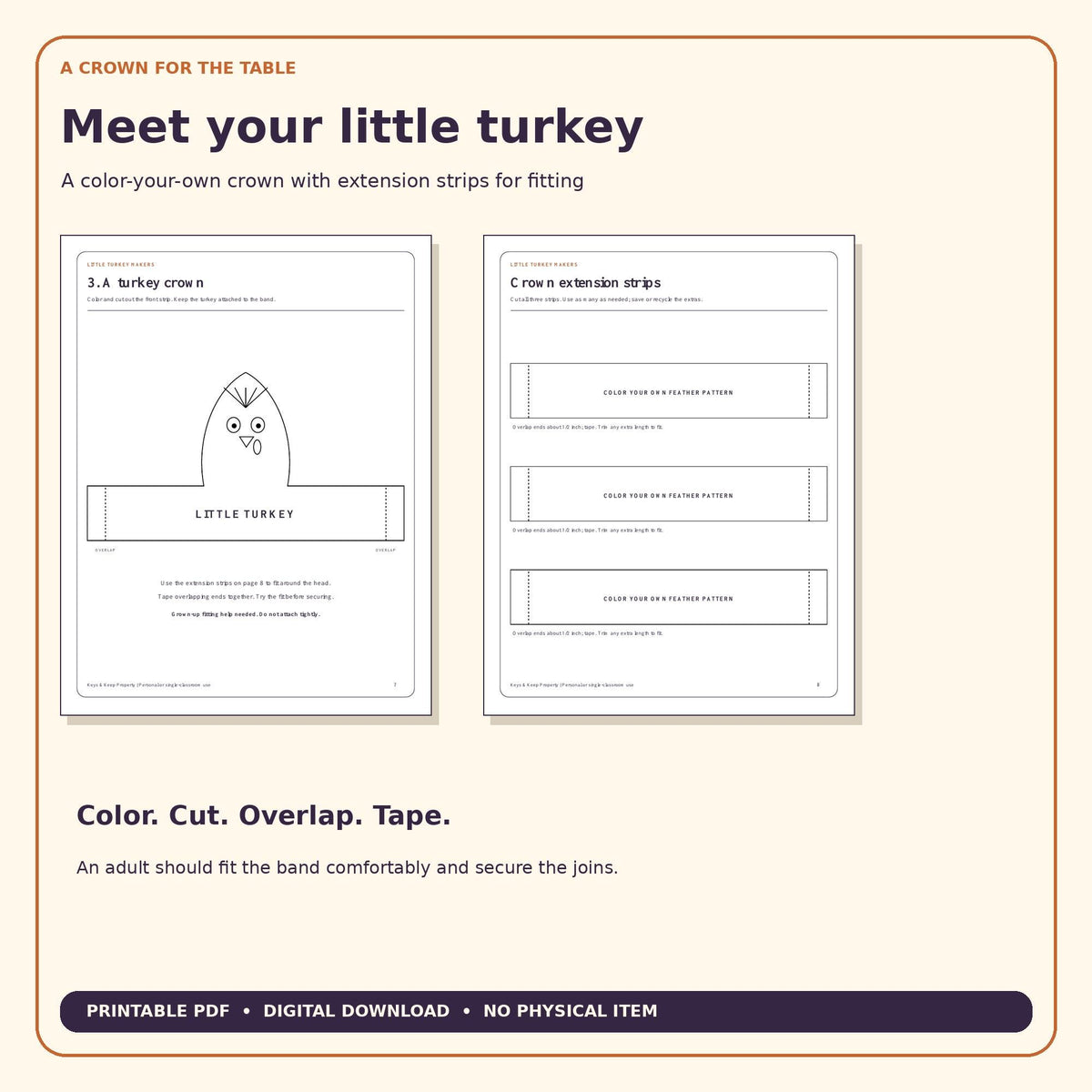 Thanksgiving Turkey Craft Pack for Kids | Build a Turkey, Thankful Feathers, Crown, Handprint & Place Cards | Printable PDF