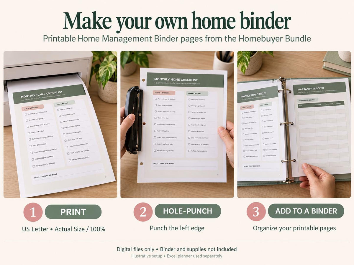 Three-panel home binder assembly guide showing printing, hole-punching, and adding home checklist and warranty pages.