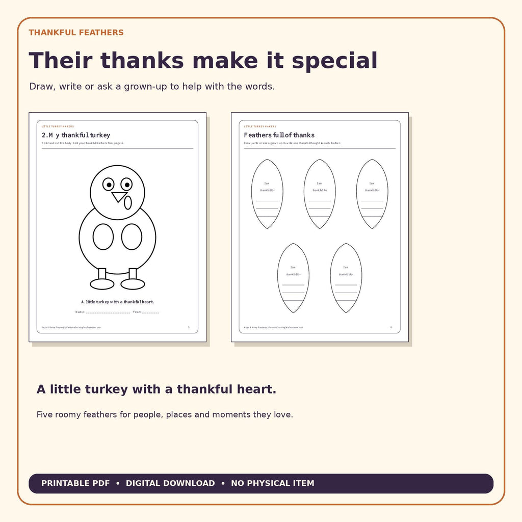 Thanksgiving Turkey Craft Pack for Kids | Build a Turkey, Thankful Feathers, Crown, Handprint & Place Cards | Printable PDF