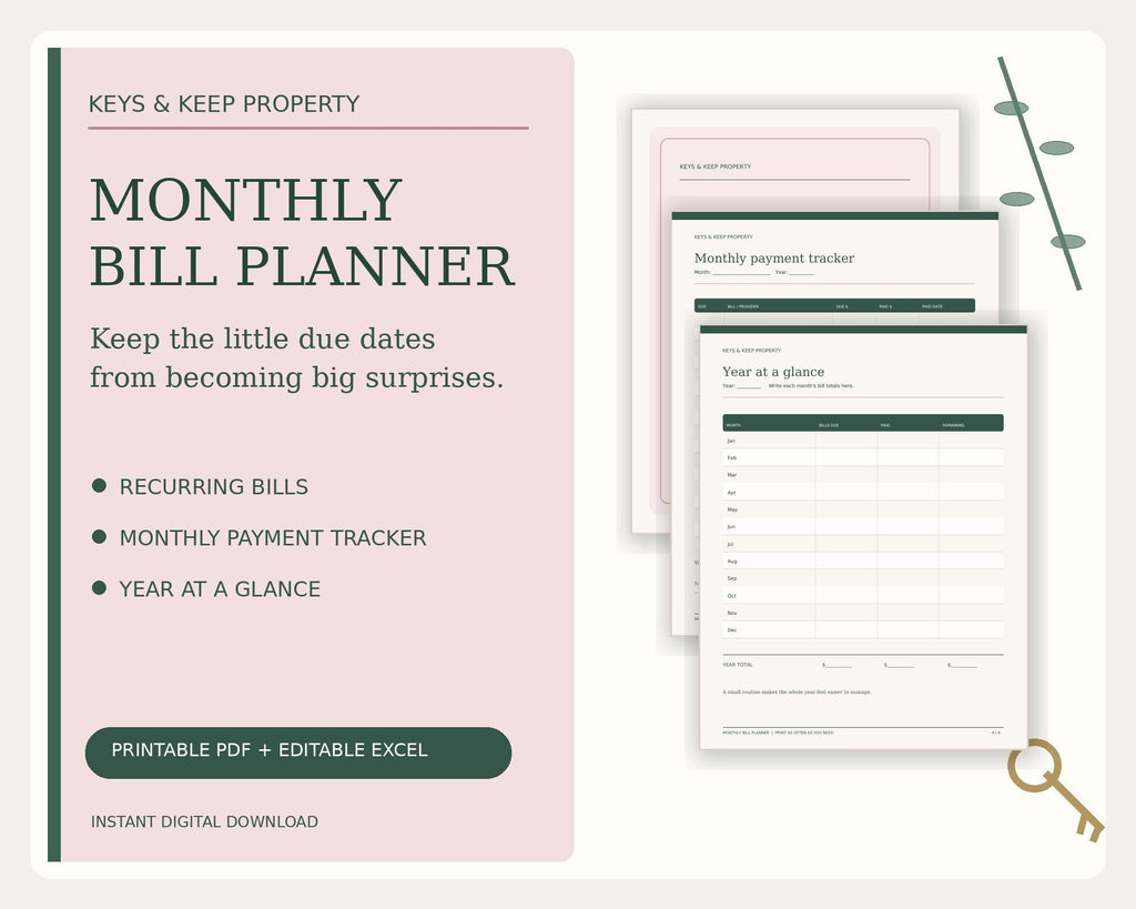 Pink Monthly Bill Planner cover panel beside stacked previews of the cover, Monthly Payment Tracker, and Year at a Glance.