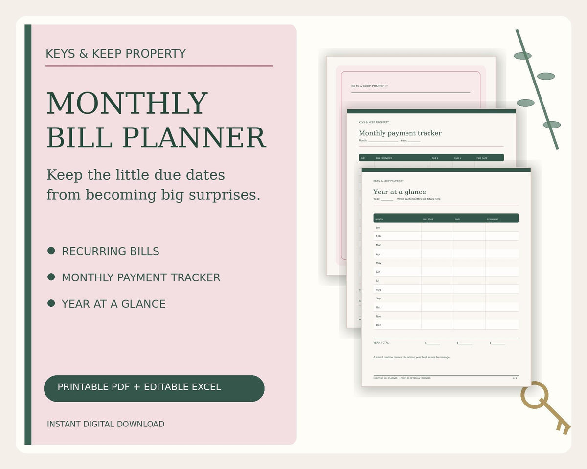 Monthly Bill Tracker and Organizer | Excel + Google Sheets, Printable Planner | Recurring Bills and Payment Log