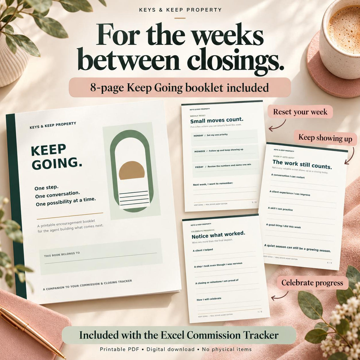 Realtor Commission Tracker | Excel + Google Sheets Closing & Payout Spreadsheet + Printable Motivation Booklet