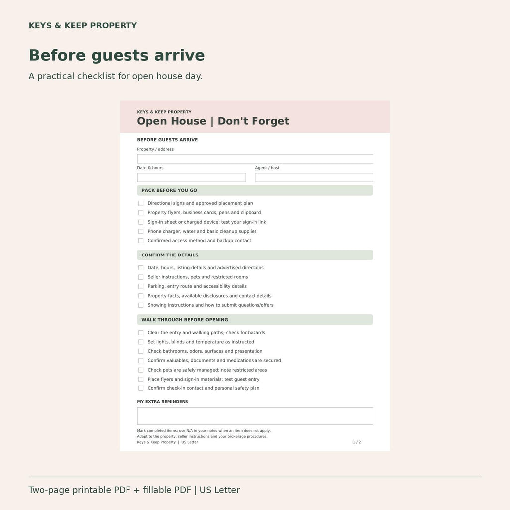 Open House Checklist for Realtors | 2-Page Printable and Fillable PDF | Prep, Hosting and Follow-Up