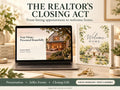 Laptop showing a real estate presentation beside a floral Welcome Home binder and house-shaped key ring.
