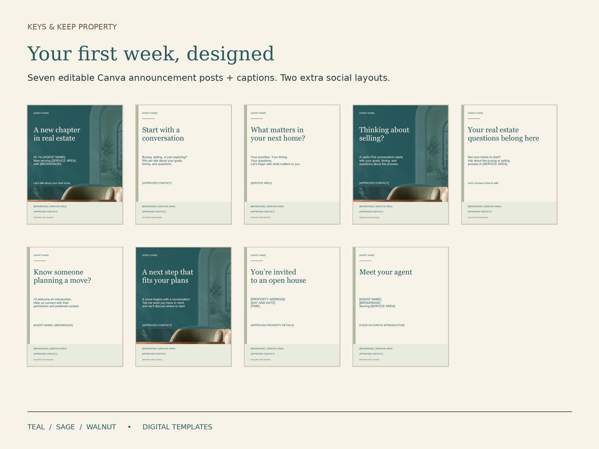 Real Estate Agent Starter Kit | Excel + Google Sheets CRM, Client Forms, Canva Cards & Social Posts | Teal Sage Walnut