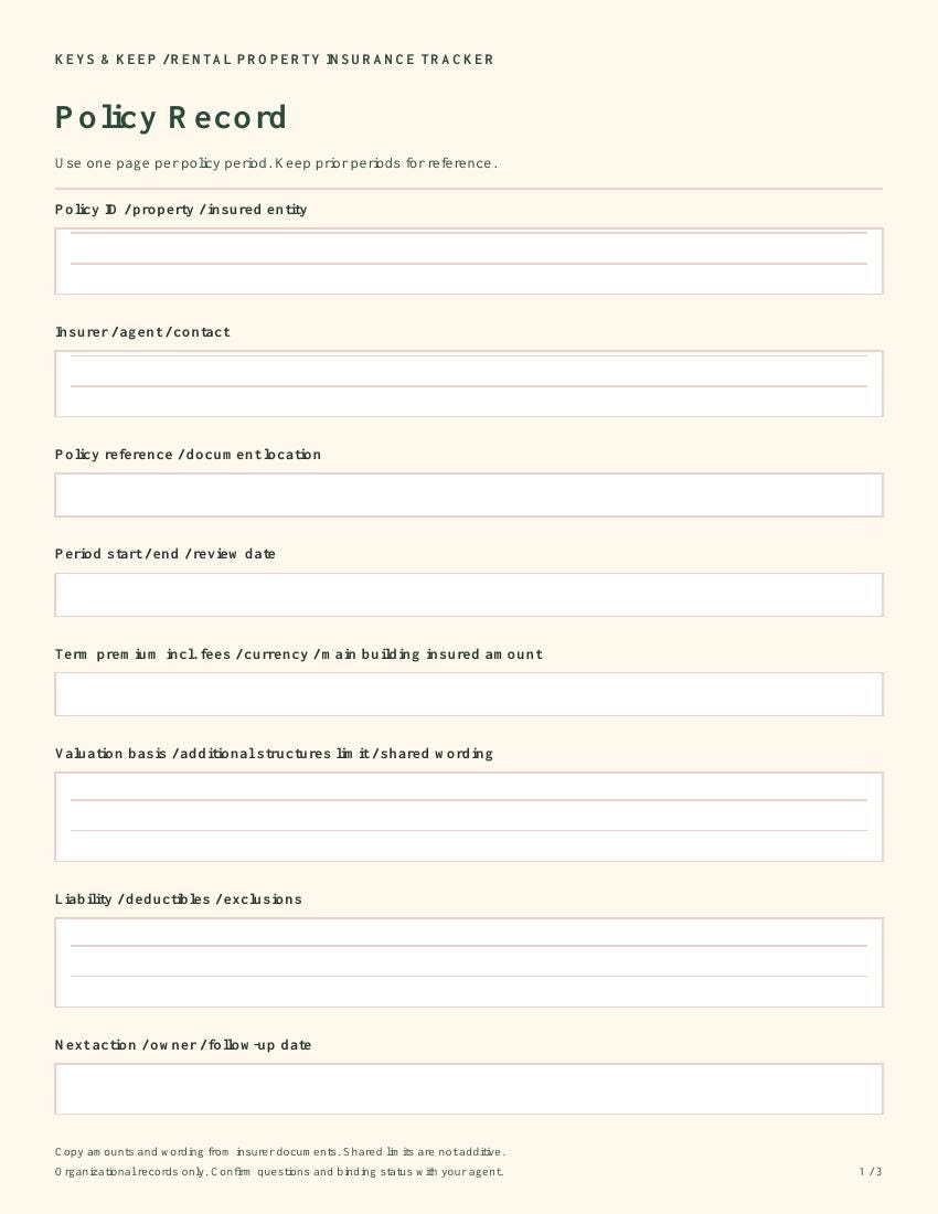 Rental Property Insurance Tracker | Excel + Google Sheets Policy, Quote & Renewal Organizer