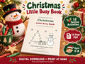 Christmas Little Busy Book cover beside a snowman decoration, crayons, and festive activity badges.