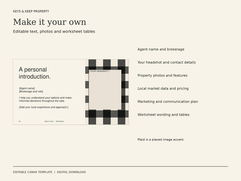 Black buffalo plaid agent introduction slide with a headshot placeholder beside a list of editable presentation details.